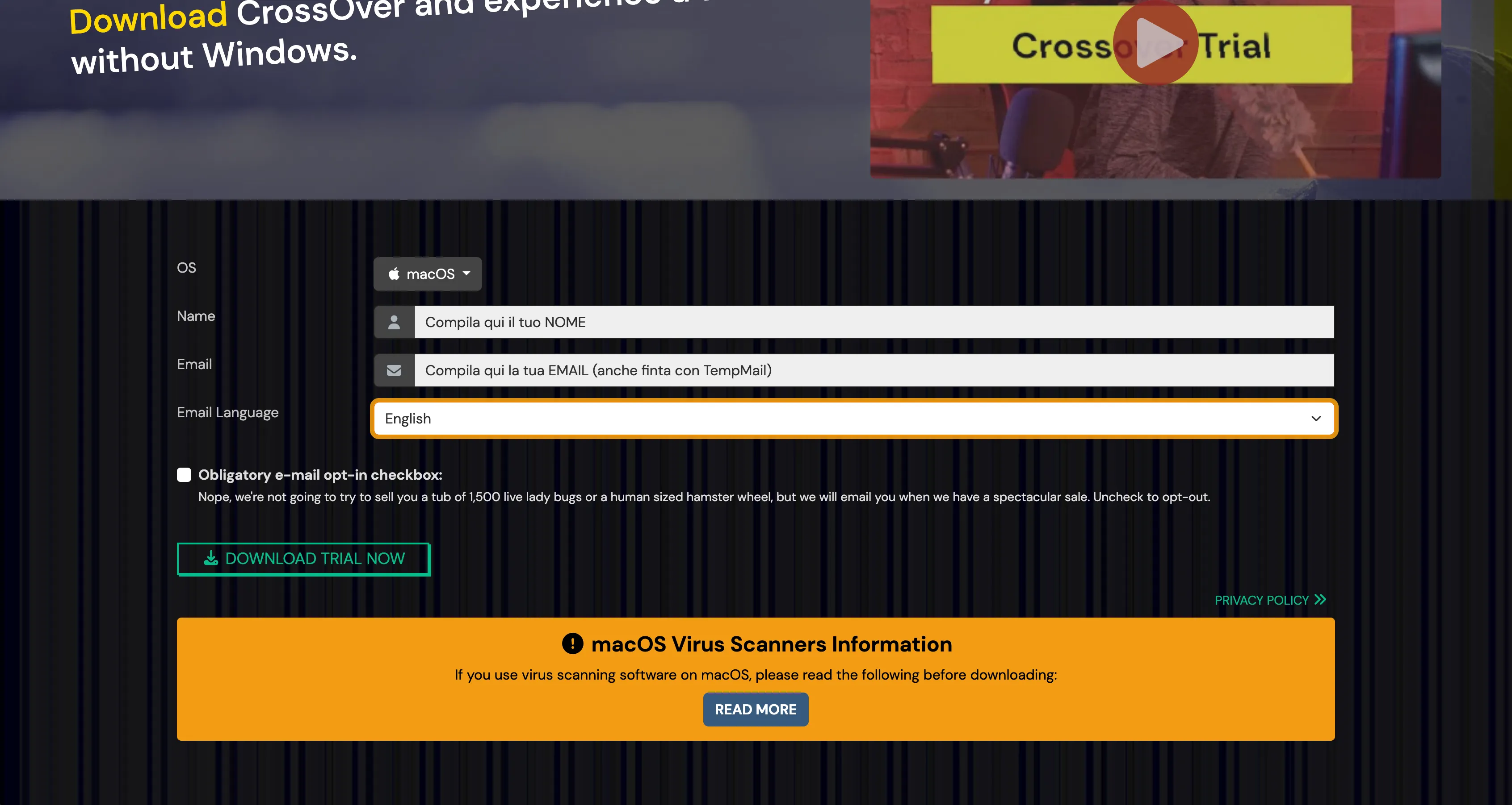 Prima immagine tutorial: download di CrossOver