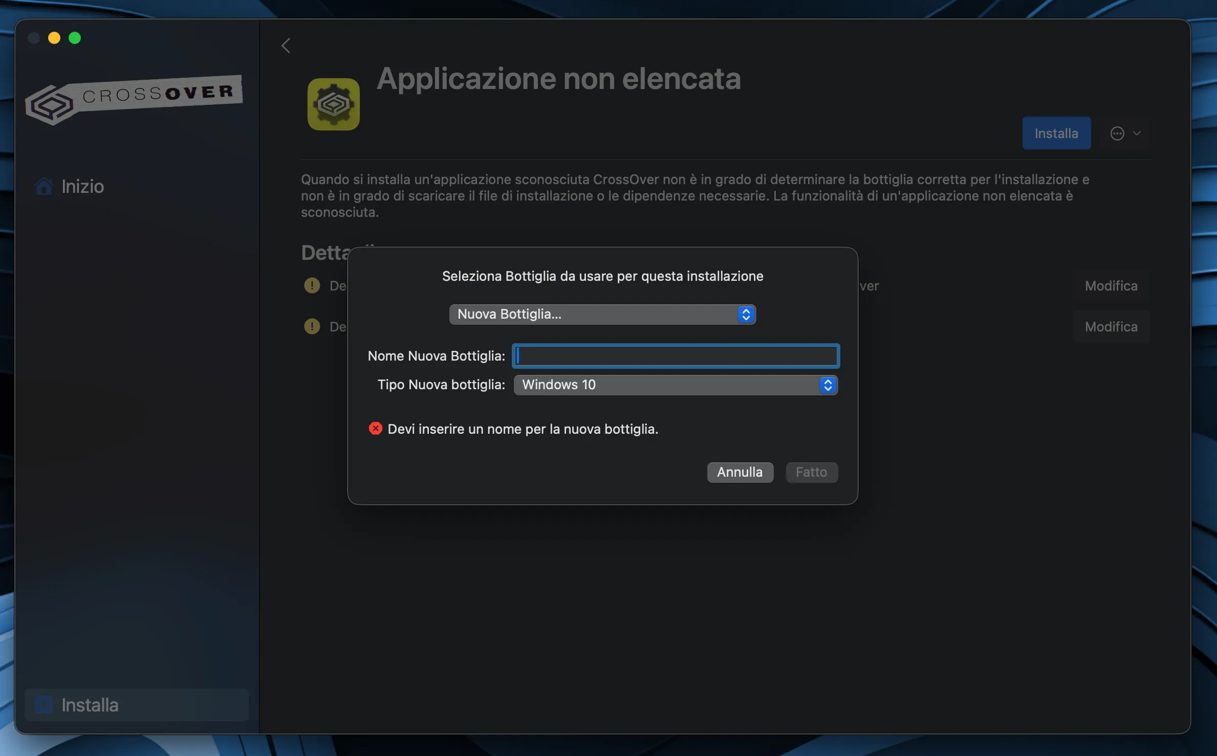 Ottava immagine tutorial: installazione di CrossOver