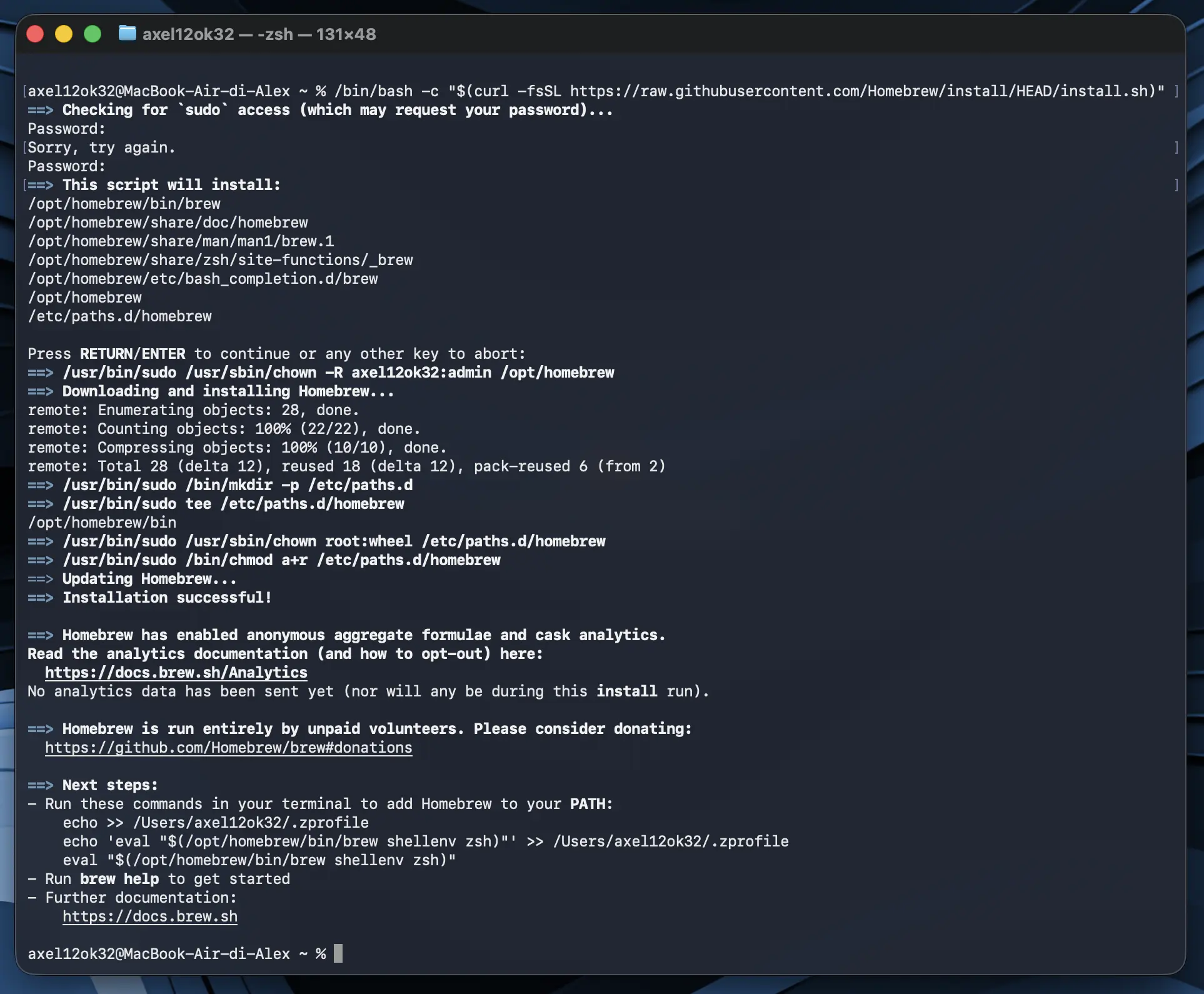 Prima immagine tutorial: installazione di Homebrew su macOS
