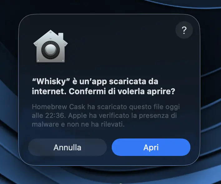 Terza immagine tutorial: autorizzazione all'avvio di Whisky su macOS