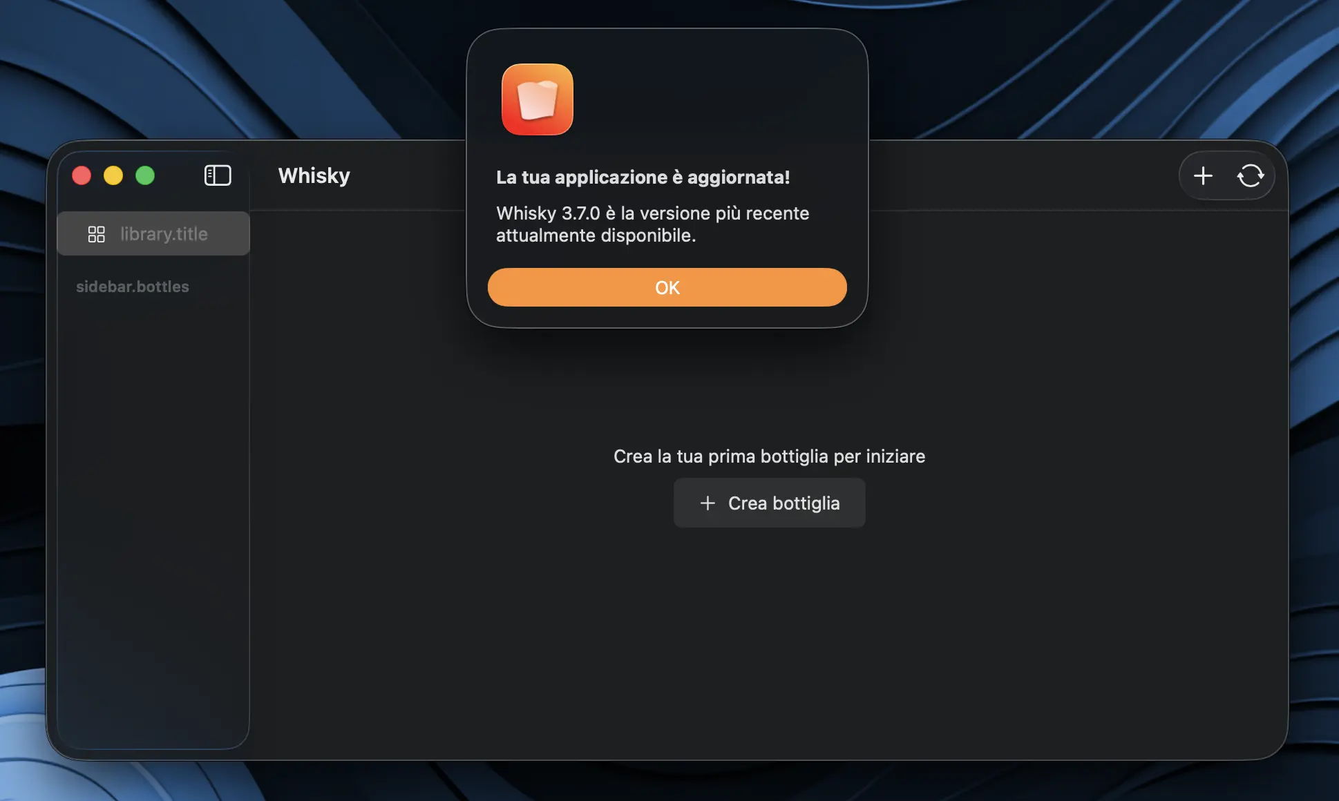 Quinta immagine tutorial: controllo aggiornamenti di Whisky su macOS